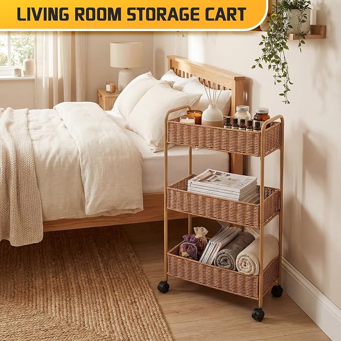Utility Slim Storage Cart,3-Tier Rolling Kitchen Office Laundry Room Cart,Mobile Shelving Unit Organizer for Living Room Bathroom Baby Diaper Narrow Places (Natural, 3 Tiers-7.1 inch (W)) - Image 2