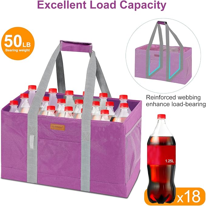 WONDAY RoseRed Foldable Utility Tote Bag, Reusable Grocery Bag | 22x11x13in, holds 50lbs, 600D Oxford fabric with PP board bottom, folds flat, side panels only, not self-standing - Image 4