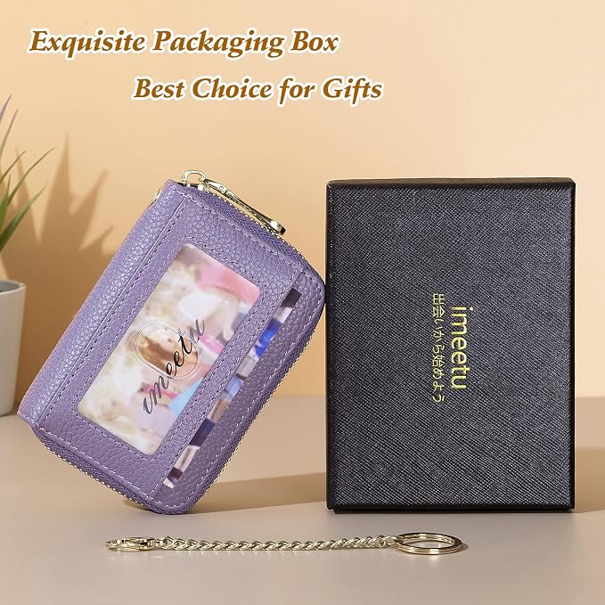 imeetu Rfid Credit Card Holder, Businese Card Case, Wallet for Women Men | Genuine Leather Card Wallet with id Window, Keychain & Double Zipper, Water-resistan Small Wallet with Gift Box, Daily Travel - Image 7