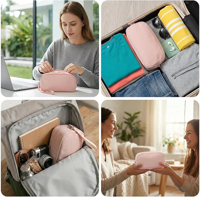 Travel Electronics Organizer Bag, Pink Waterproof Tech Case | Features 8 compartments for 3ft+ cords, padded Oxford fabric, compact 8.66x5.12x2.36 inch size, and 8 cable ties. - Image 6
