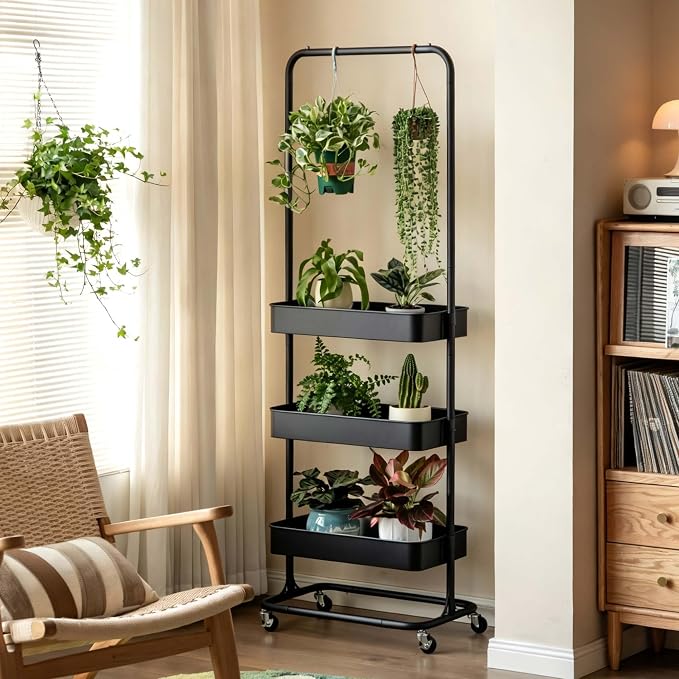 Tall 3 Tier Rolling Cart, Metal Storage Rack with Wheels for Indoor Spaces | Rust-resistant steel frame with adjustable tiers, locking wheels and 50 lbs shelves for flexible indoor organization. - Image 7