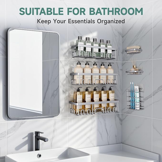 Veken Shower Caddy 6-Pack, No Drilling & Rustproof, Waterproof Adhesive Shelves Rack with Soap Holder, Large Capacity Bathroom Organizers and Storage, Wall-Mounted Kitchen & Home Decor, Silver Gray - Image 5