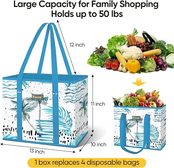 BALEINE 6PK Reusable Grocery Bags, Heavy Duty Shopping Tote Bag | 12'' Long Handles, Reinforced Bottom Keeps Upright, Fold Flat Storage, Water-Resistant Shopping Bag, Multiple Color Options - Image 4