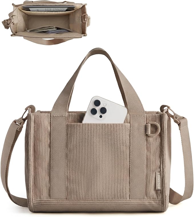BAGSMART Corduroy Tote Bag for Women, Small College Teacher Laptop Handbag | Fits 14 inch Laptop, 40oz Tumbler Holder, Soft Corduroy Bag with Crossbody Strap for Daily, Work, Flight Travel, Hand Wash by BAGSMART