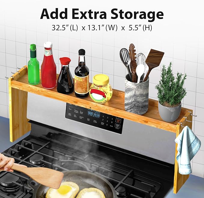 IIIOIIIA Bamboo Over the Stove Spice Shelf for Kitchen, 31.5" Spice Rack Organizer Shelf with 6 hooks, 11.4" Height Extra Storage Countertop, Easy to Assemble - Image 2