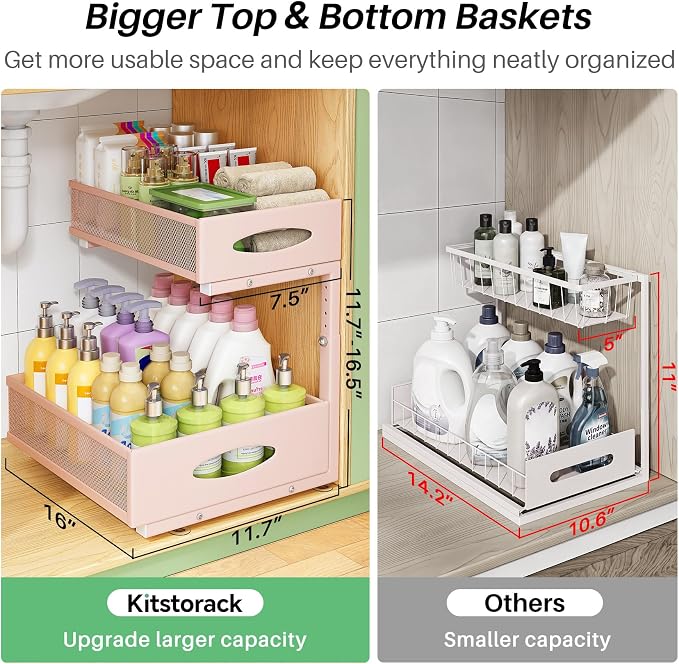 Under Sink Organizer, 1-Pack Pull Out Cabinet Organizer 2 Tier Metal Slide Out Storage Shelf Rack, L-Shaped Adjustable Height,Mesh Sliding Drawer for Kitchen, Bathroom, Laundry, Pantry, Pink, XL - Image 3