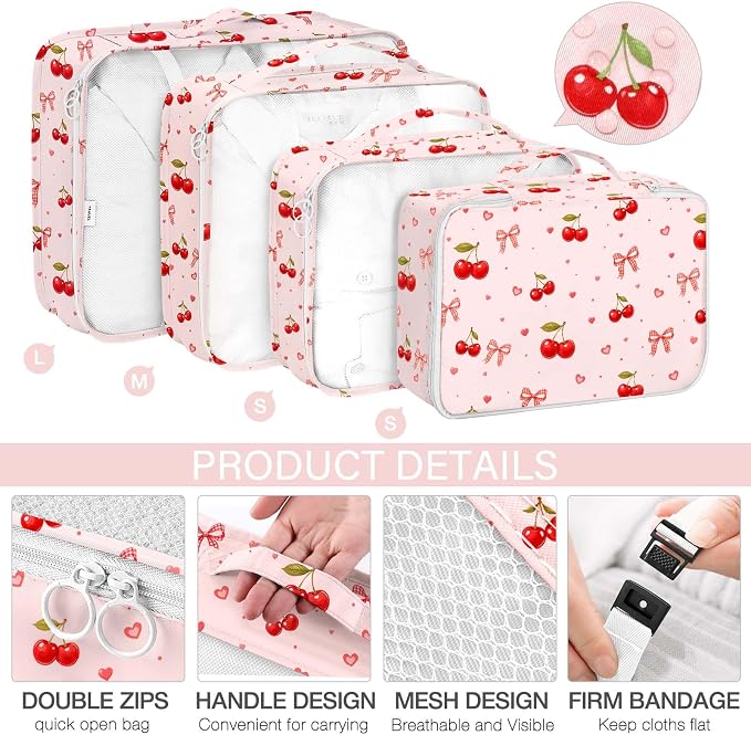 KPX 8 Set Packing Cubes for Travel, Luggage Packing Organizers Accessories Large Toiletries Bag for Clothes Shoes Cosmetics (8Set-Cherry & Bow) - Image 3