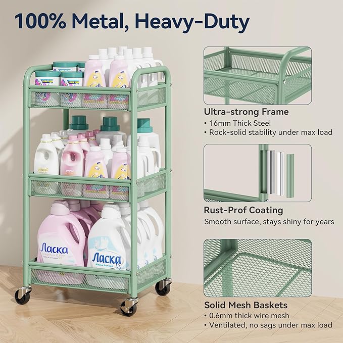 3 Tier Metal Rolling Cart, Green Utility Storage Cart with Wheels | Metal Mesh Craft Cart With Hooks & Hanging Cups, Ideal For Kitchen, Bathroom, Office, Dorm, Art Workspace, Bedside Storage - Image 2