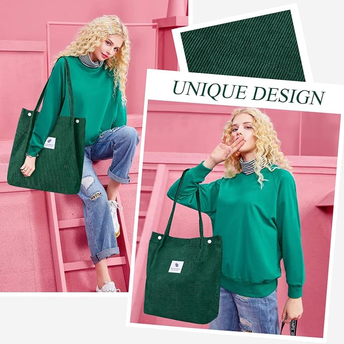 LHMTQVK Corduroy Tote Bags for Women, Large Capacity Tote Purse Reusable Grocery Shoulder Bag with Inner Pockets - Image 7