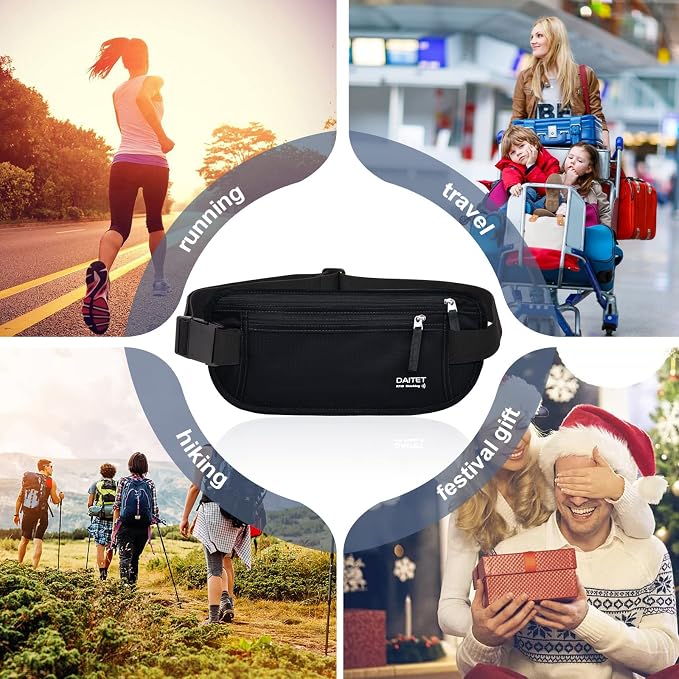 RFID Blocking Money Belt for Men Women, Slim Fanny Pack For Travel，Running,Conceal Waist Wallet For Passport Holder,Phone,Cash(Dark Black) - Image 6