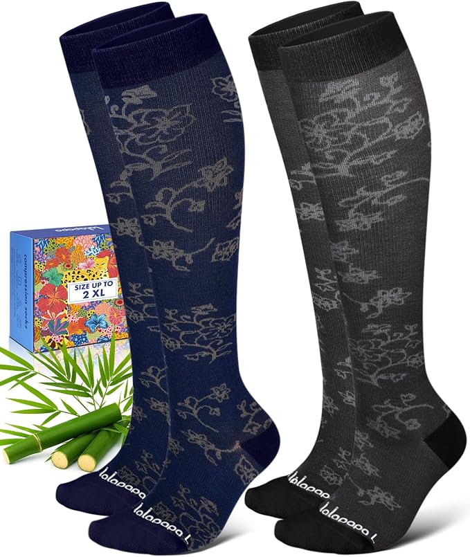 Bamboo Viscose Compression Socks for Women Men | 2 Pairs 15-20mmHg Cute Breathable Graduated Knee High Compression Socks for Nurse Pregnancy Travel by Lalapapa