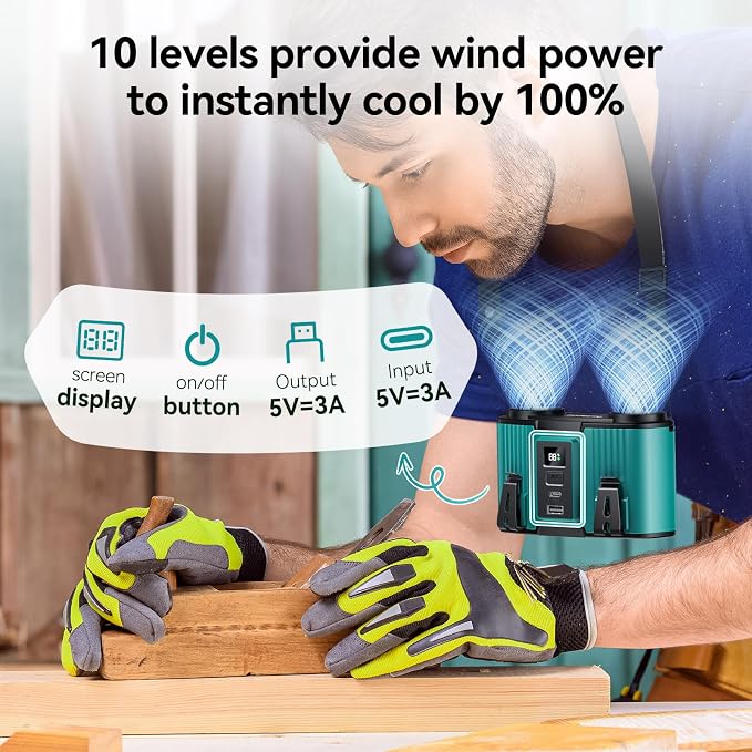 Doublepow 12000mAh Portable Waist Fan, Personal Waist Fan, Dual Air Ducts Motors, USB Rechargeable Clip On Belt for Working, 10 Speeds & 23H Wearable Neck Cooling, for Outdoor, Work, Travel (Blue) - Image 4