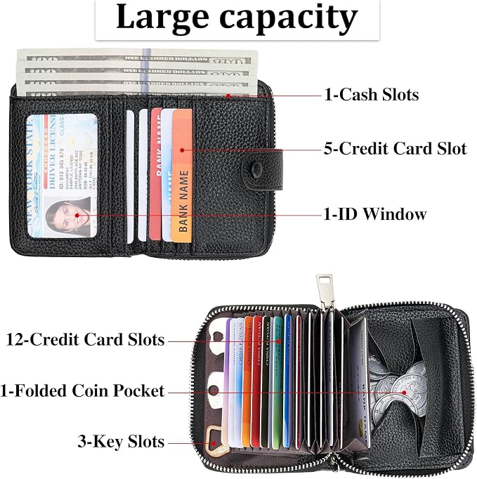 GAEKEAO Women's Leather Wallet RFID Blocking Card Holder with Many Compartments Small Purse with Zipper Key Chain Wallets - Image 2