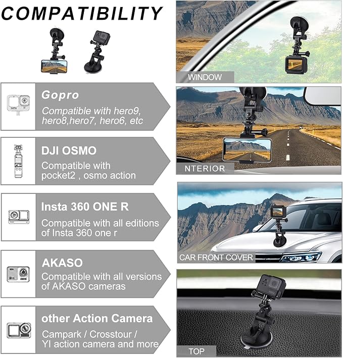 PULUZ Suction Cup Mount for Gopro Car Mount, Adjustable Vehicle Window & Windshield Mount Holder, Compatible with GoPro Hero 12 11 10 9 8 7/Insta360 X3 x2/DJI OSMO Action Camera Mount | Compatible with GoPro Hero 13 12 11 10 9/Insta360 X5 X4 X3/DJI OSM... - Image 3