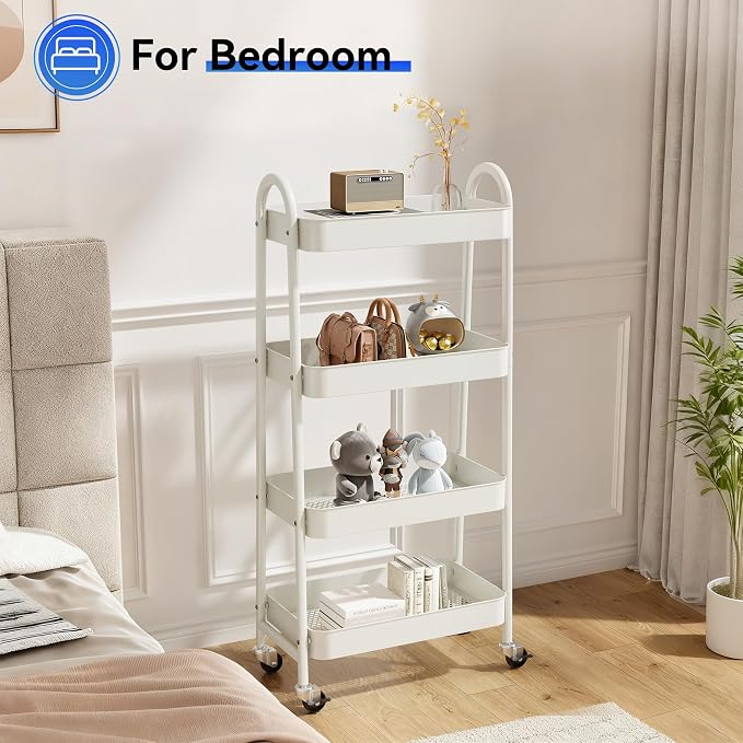 NEWBULIG 4-Tier Metal Rolling Storage Utility Cart with Lockable Wheels | Mobile Organizer Shelf, Space-Saving, Freestanding, Bathroom, Living Room, Slim, Narrow Corner Spaces, White - Image 7