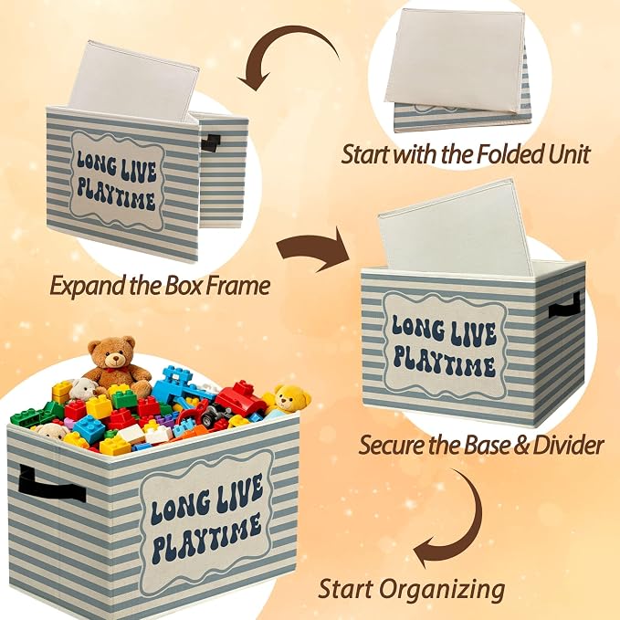 Rustic Playroom Storage Bins Boxes with Handles | toys books clothes, long live playtime blue striped nursery foldable basket for organizing bedroom toddler room playroom - Image 6