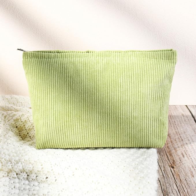 SOIDRAM 2 Pcs Corduroy Makeup Bag Large Cosmetic Bag Toiletry Bag Makeup Pouch Travel Bag Organizer Cute Makeup Brushes Aesthetic Accessories Storage Bag for Women Light Green - Image 6