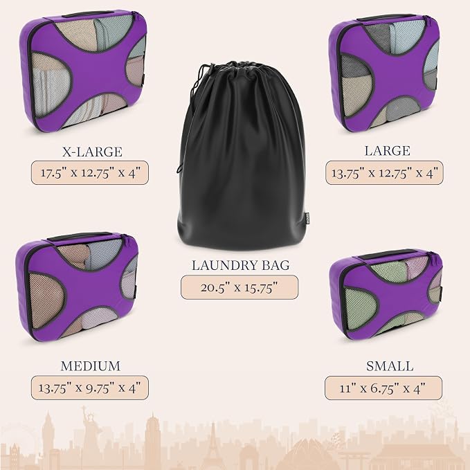 Shacke 5 Set Packing Cubes for Travel with Laundry Bag (Orchid Purple) | Suitcase organizer bags set: 4 water-resistant luggage cubes, XL to Small, + laundry bag for carry-on or checked - Image 4