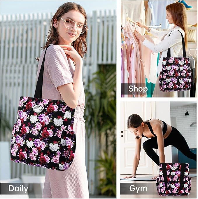 HUA ANGEL Floral Tote Bag - Casual Shoulder Bag Daily Tote Bag with Zipper Gym Travel Shopping Work Handbag for Women - Image 2