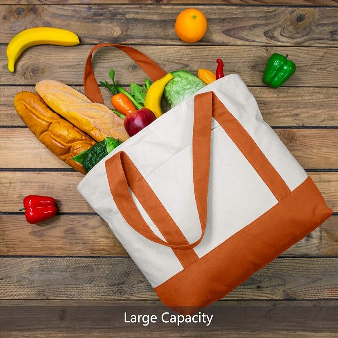 TOPDesign 6-Pack Canvas Tote Bags with an External Pocket, Reusable Grocery Shopping Bags, Top Zipper Closure, Daily Essentials (Orange/Natural) - Image 4