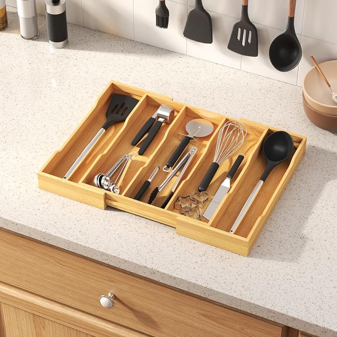 Lifewit Bamboo Utensil Organizer for Kitchen Drawer, Cooking Utensil Tray | Expandable Cutlery Silverware Flatware Holder, Wood Adjustable Spatula Tools Storage Divider, 12.6-22.8 x 14", Natural - Image 2