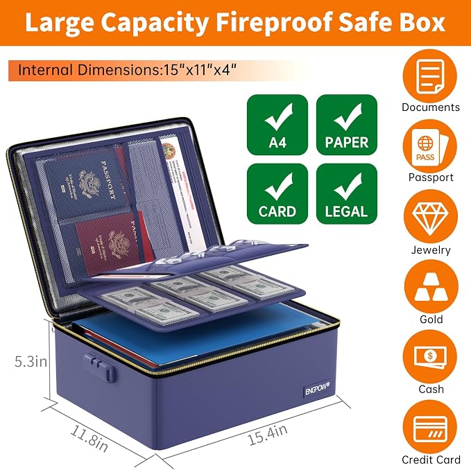 ENGPOW Fireproof Document Box with Lock & Heat-Resistant Fireproof Zipper | 6400°F 12-Layer Fire Protection, Hard File Organizer with Pockets, Portable Home Chest Safe Storage for Money,Jewelry, Blue - Image 6