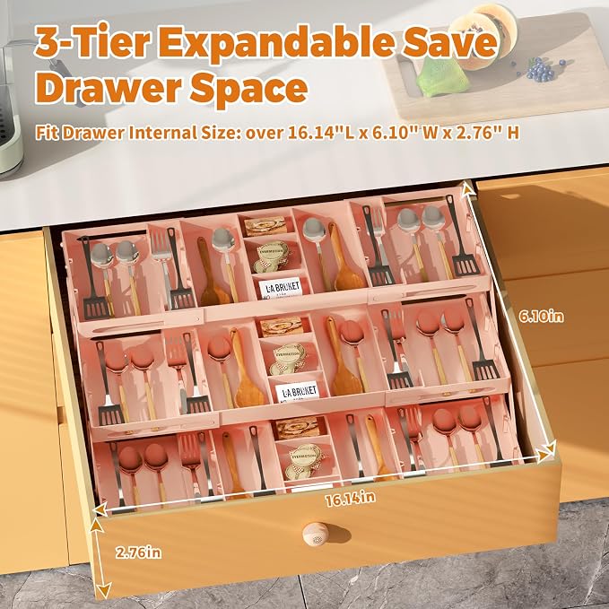 3 Tier Drawer Organizer Versatile Expandable Junk Drawer Organizer Pink | Multi-level Desk Organizer for Makeup, Jewelry, Cosmetics, Kitchen Storage, Smart Office Supply Drawer Storage for Gifts - Image 2