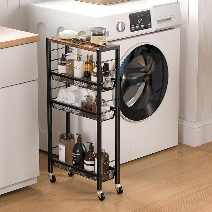 Slim Rolling Cart, 4-Tier Narrow Kitchen Storage Cart, Slim Utility Cart on Wheel, Skinny Bathroom storage cart with Wood Tabletop, 6.0" Deep, For Kitchen, Dining Room, Living Room, Laundry Room - Image 4
