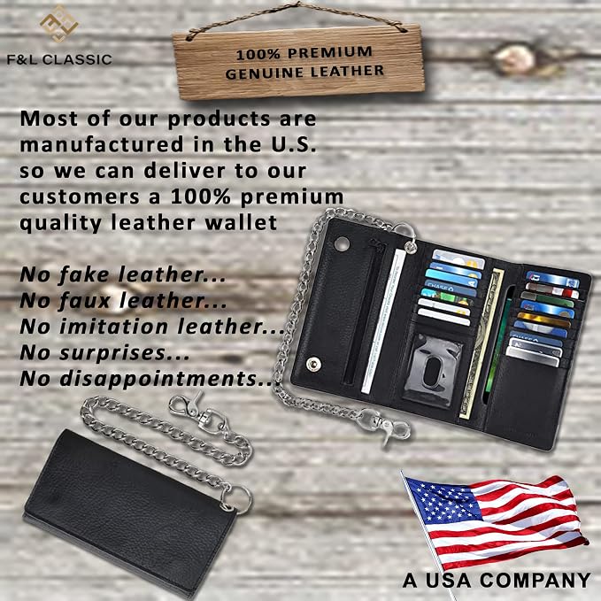 F&L CLASSIC RFID Blocking Mens Tri-fold Long Style Cowhide Leather Steel Chain Wallet,Black - Image 2