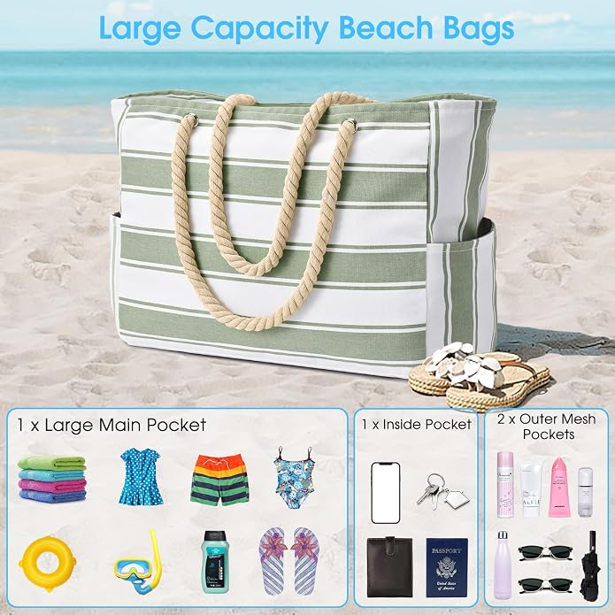Becokan Beach Bags for Women Large Waterproof Beach Tote Bag Zipper Beach Bags Waterproof Sandproof Swim Pool Bag Large Tote - Image 7