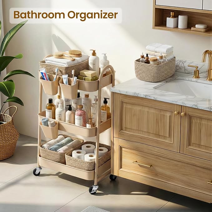 3-Tier Rolling Utility Cart with 4 Woven Baskets, Diaper Book Snack Cart, Storage Organizer for Nursery, Kitchen, Craft Room, Home SPA, Living Room, Metal Frame Trolley on Lockable Wheels, Brown - Image 5