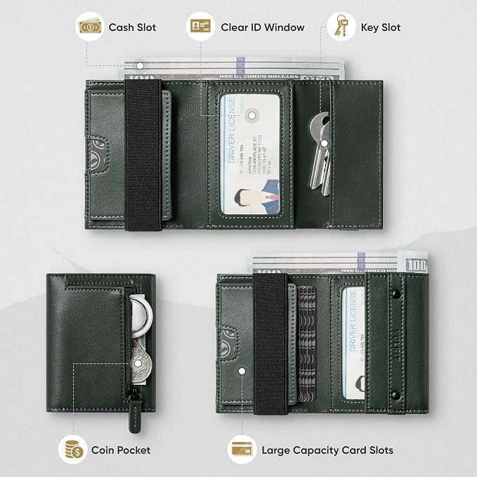 VULKIT Mens Wallet RFID Blocking Leather Compact Trifold with Zippered Coin Pocket, ID Window and Business Card Holder Green - Image 2