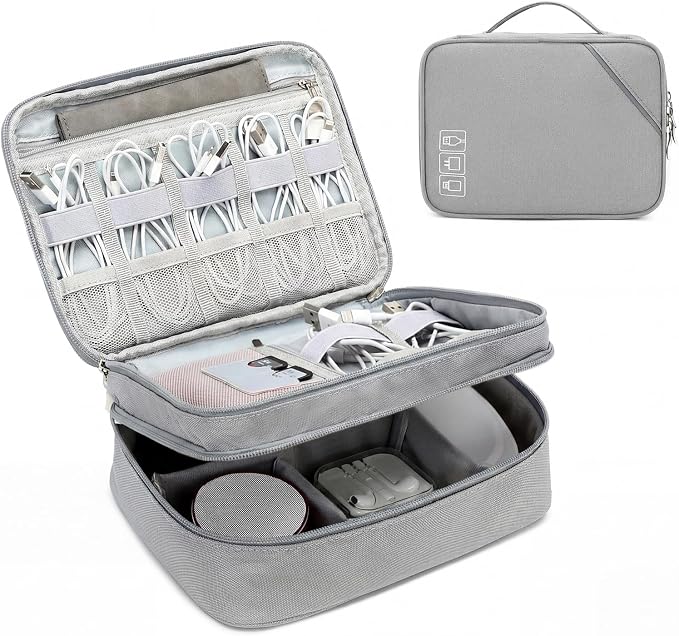 Lanola Travel Cable Organizer Bag, Electronic Accessories Case Portable Double Layer Cable Storage Bag for Cord,phone,Charger, Flash Drive,SD Card,Phone,Power Bank,Personal Items - Grey by Lanola
