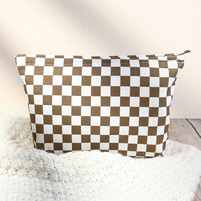 SOIDRAM 2 Pcs Checkered Makeup Bag Large Cosmetic Bag Toiletry Bag Makeup Pouch Travel Bag Organizer Cute Makeup Brushes Aesthetic Accessories Storage Bag for Women Coffee Brown - Image 5