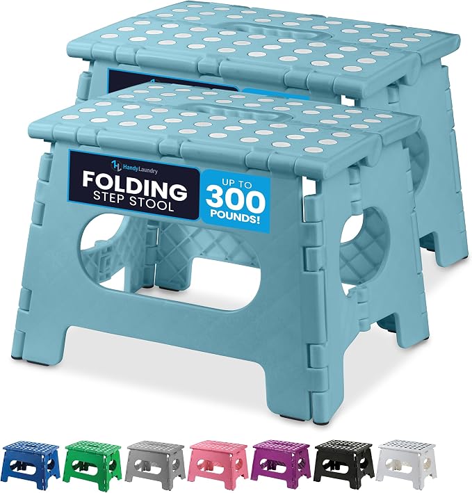 Handy Laundry Folding Step Stool 9 Inch 2-Pack, Teal, Holds 300 lbs | 2-Pack, 9 Inch, Teal, Foldable Collapsible Step Stool, Non-Slip, Holds 300 lbs, Kitchen Bathroom Bedroom, Adults by Handy+Laundry