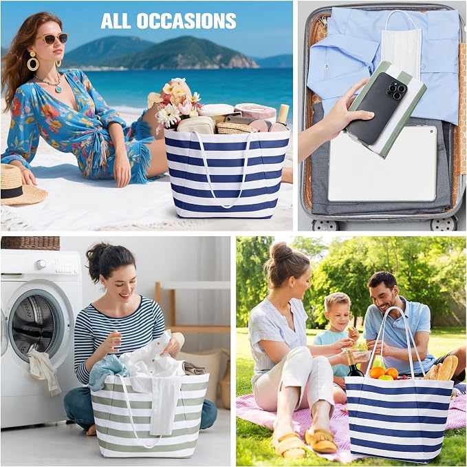 KALIDI Beach Tote Bag Women Large Waterproof Sandproof Shoulder Handbags | Foldable Grocery Bag Striped Pool Bag Lightweight Travel Purse for Picnic Travel Vacation Casual Errands Everyday Daily - Image 6