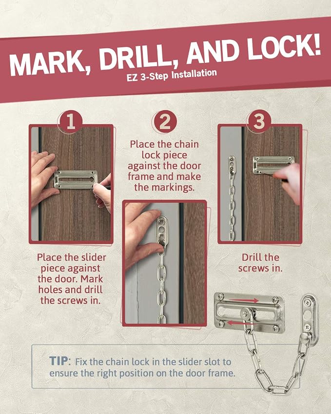 Jack N'Drill 2 Pack Door Chain Lock, 100% Child Proof Safety Chain Door Lock, Sturdy & Rust-Resistant Steel, Heavy Duty Chain Locks for Inside Door and Extra Front Door Lock (Satin Nickel) - Image 4
