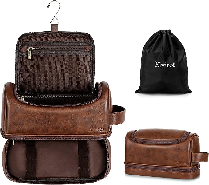 Elviros Toiletry Bag for Men PU Leather Shaving Dopp Kit (Dark Brown) | Water-Resistant Travel Organizer with Hanging Hook for Toiletries, Shaving Tools, Grooming Items, and Men’s Gifts by Elviros