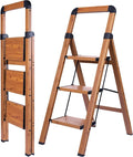 Step Ladder 3-Step Woodgrain Finish Aluminum Folding Ladders | Anti-slip Sturdy Foldable Ladder Step Stool for Kitchen Home Office Libaray by BIBKOKE