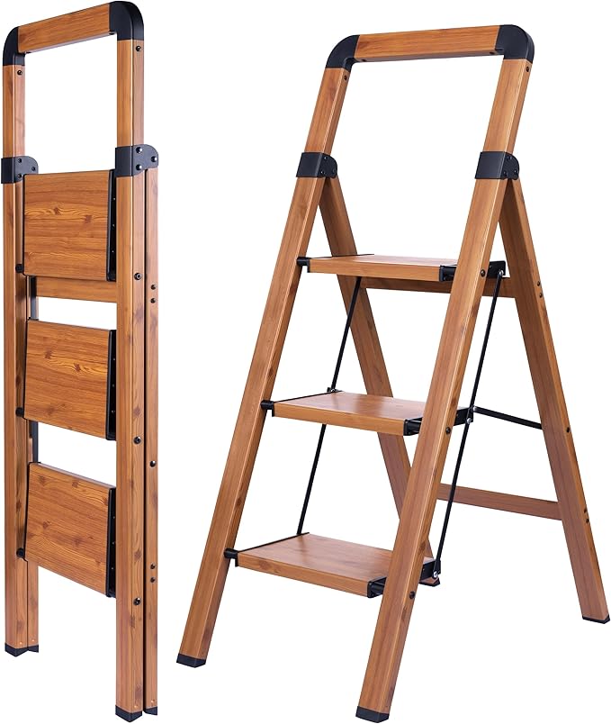 Step Ladder 3-Step Woodgrain Finish Aluminum Folding Ladders | Anti-slip Sturdy Foldable Ladder Step Stool for Kitchen Home Office Libaray by BIBKOKE