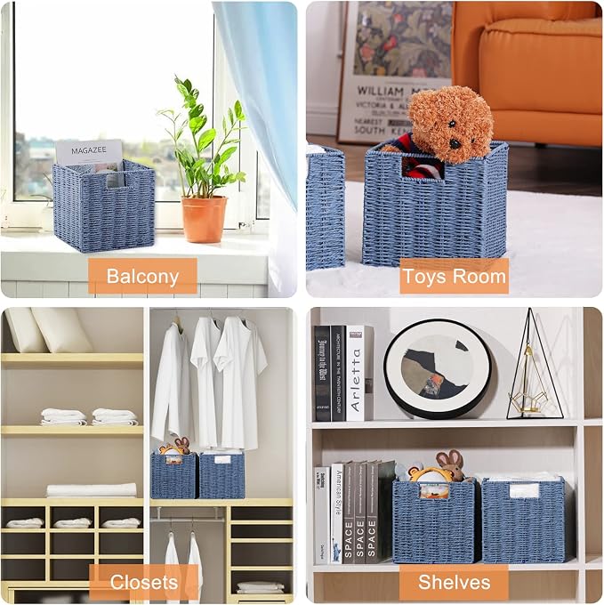 Wicker Storage Basket, Set of 2 Hand-Woven Storage Baskets for Shelves with Handles, Foldable Cube Storage Bins Organizer, Blue 13x13 Inch Large Wicker Baskets for Pantry Bedroom Decor, Blue - Image 5