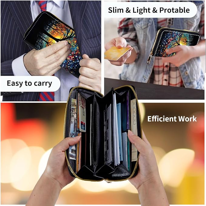 Wallet,Leather Long Wallet Suitable For Ladies And Teenagers - Detachable Wristband + RFID Travel Wallet With Card Slot - Colorful Trees - Image 7