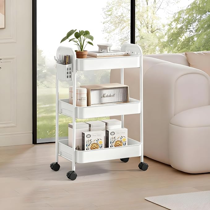 Heavy-Duty Rolling Cart 3 Tier Metal Utility Storage Cart | with Casters, Hooks & Hanging Cups, Rolling Storage Organizer for Kitchen Office Craft Snack Book - Image 6