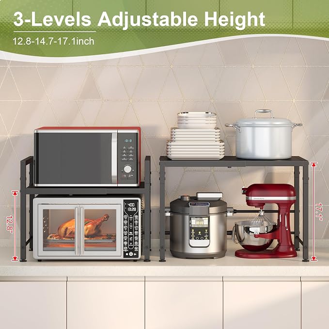 Expandable-Metal-Storage-Shelves-For-Pantry Kitchen Garage, 120lbs Heavy Duty Shelving Units For Small Appliance For Countertop Cabinets, Adjustable Shelf Organizer Riser Rack For Closet Warehouse - Image 2