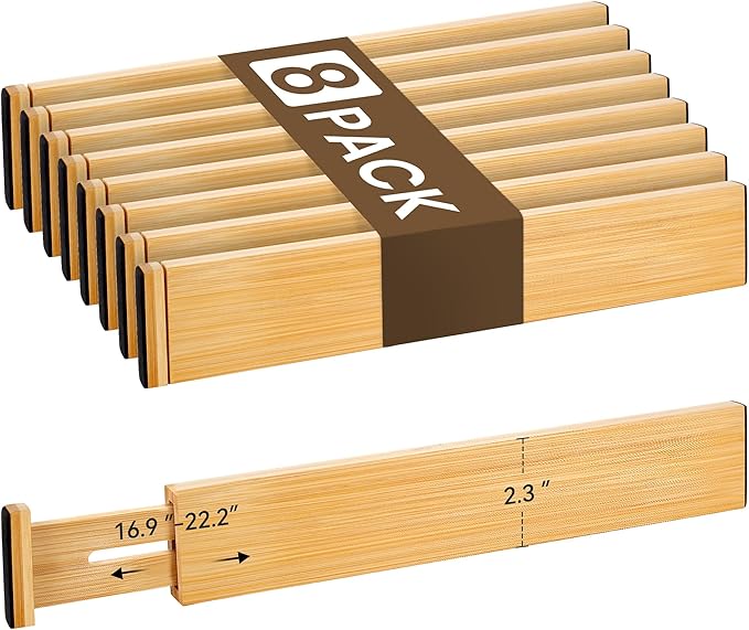 Adjustable Bamboo Drawer Dividers of 8, Expandable Organizers (16.9"-22.2") | Spring-Loaded Kitchen Drawer Organizer, Non-Slip Ends, 2.2" High, Easy Setup & Clean, for Kitchen, Dresser, Clothes, Bath by NCUE
