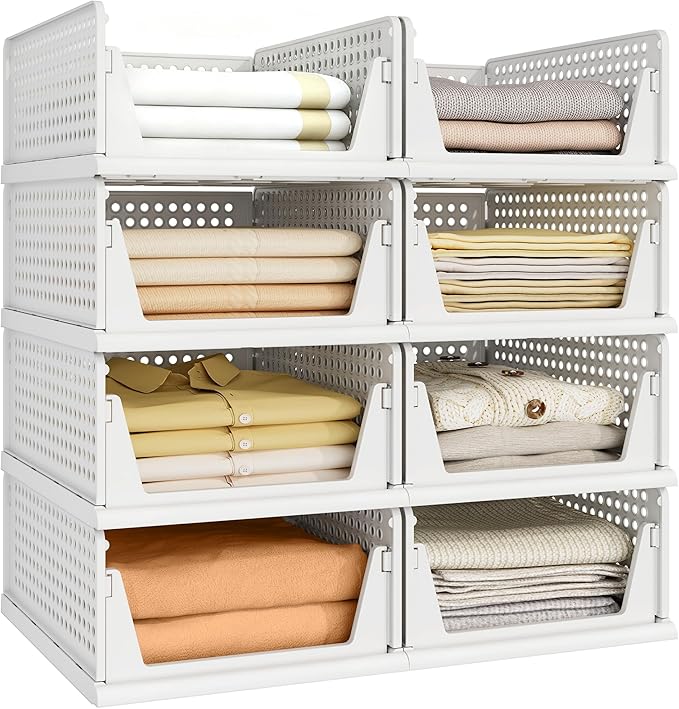 8 Pack Closet Organizer Storage Bins Stackable Plastic Drawer Shelf | Basket for Clothing Stackable Storage Bins Shelf Storage Container for Closet Wardrobe Bedroom Bathroom Office White Foldable by Pinkpum