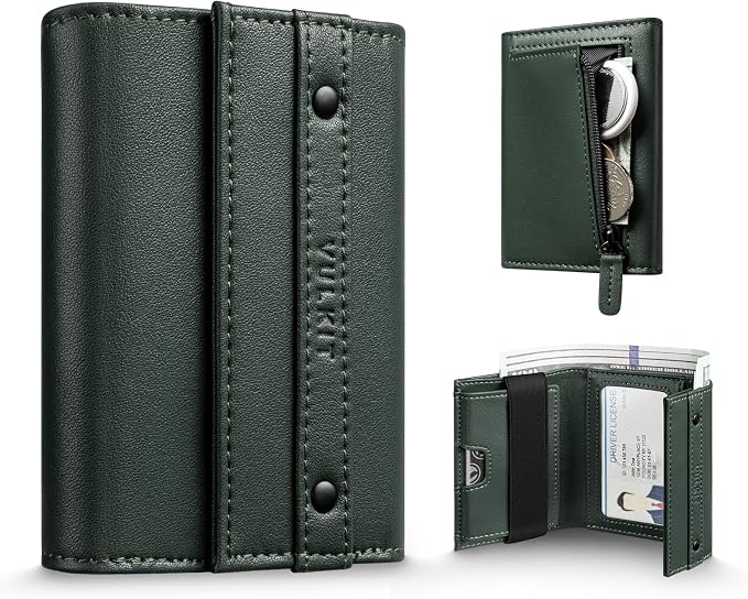 VULKIT Mens Wallet RFID Blocking Leather Compact Trifold with Zippered Coin Pocket, ID Window and Business Card Holder Green by VULKIT