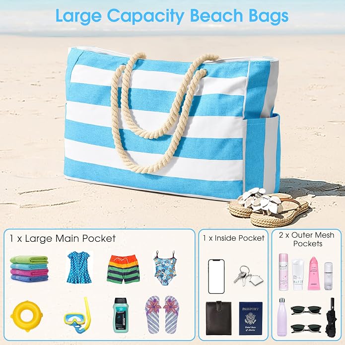Becokan Beach Bags for Women Large Waterproof Beach Tote Bag Zipper Beach Bags Waterproof Sandproof Swim Pool Bag Large Tote - Image 7