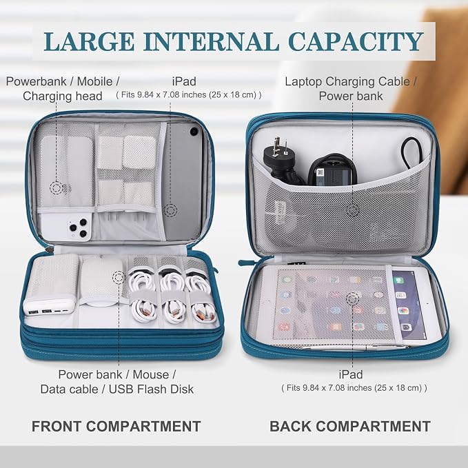 FYY Electronic Organizer, Travel Tech Pouch Bag, Extra Large, Dark Green | Wrist Strap, Waterproof, Double Layers Electronics Travel Case for iPad, Cord, Laptop Charger, Daily and Business Trips Use - Image 3