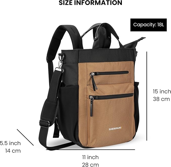 Sherpani Soleil, Anti Theft Convertible Backpack Tote (Brown Sand) | 18L Travel Shoulder Bag, Everyday Crossbody Purse, RFID Protection, Business Daypack, Travel Gift for Women, Fits 13" Laptop - Image 3